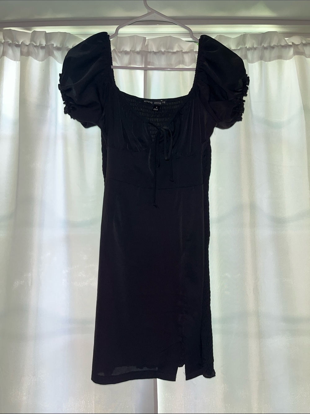 HYFVE Black Puff-Sleeve Mini Dress with Tie Neck